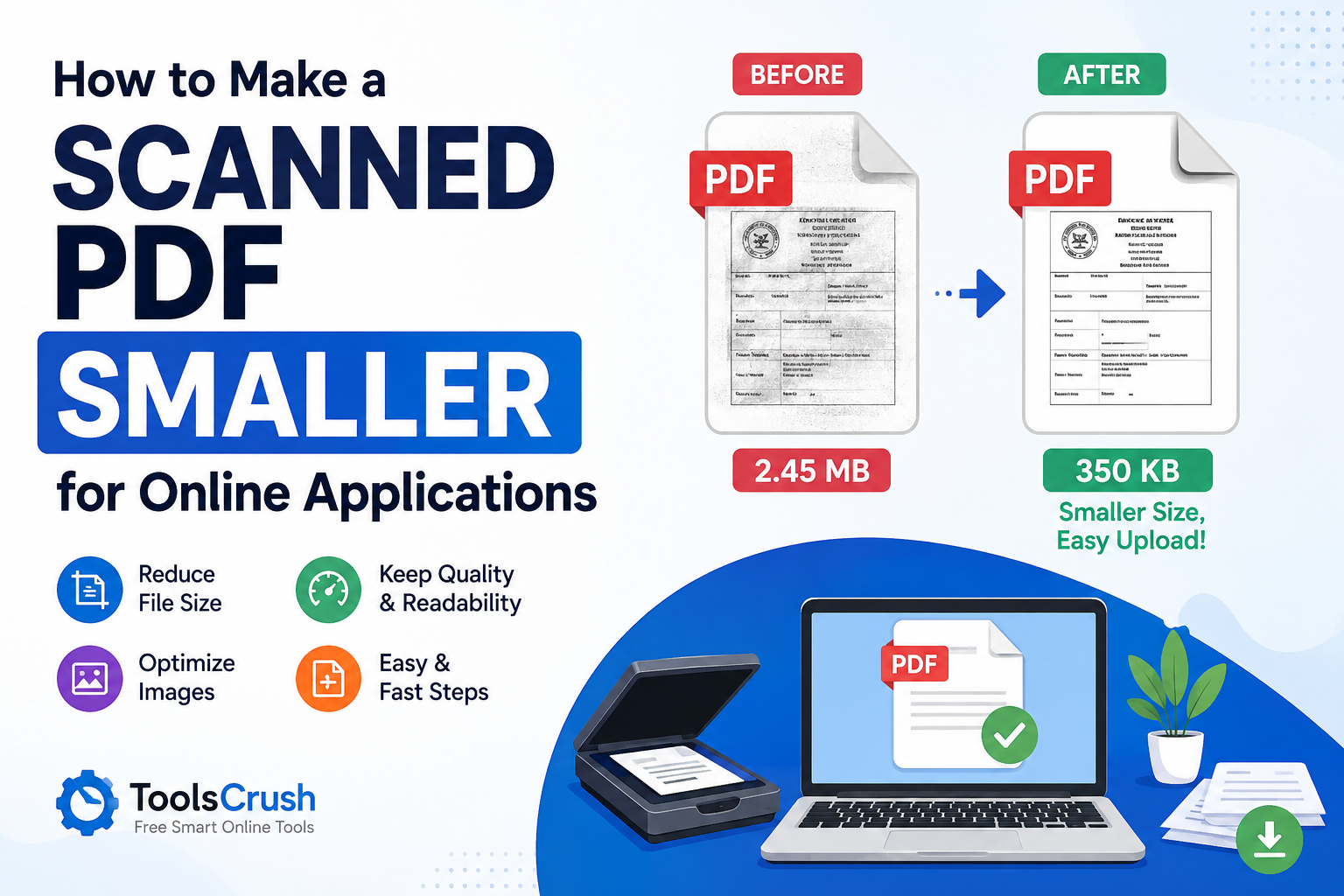How to make a scanned PDF smaller for online applications — infographic showing PDF compression from 2.45 MB to 350 KB with steps to remove pages, reduce image resolution, use grayscale, compress, and check quality.