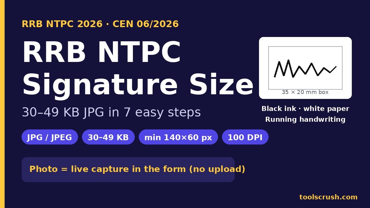 RRB NTPC signature size 2026: 30–49 KB JPG, minimum 140×60 px, 100 DPI, live photo in the form